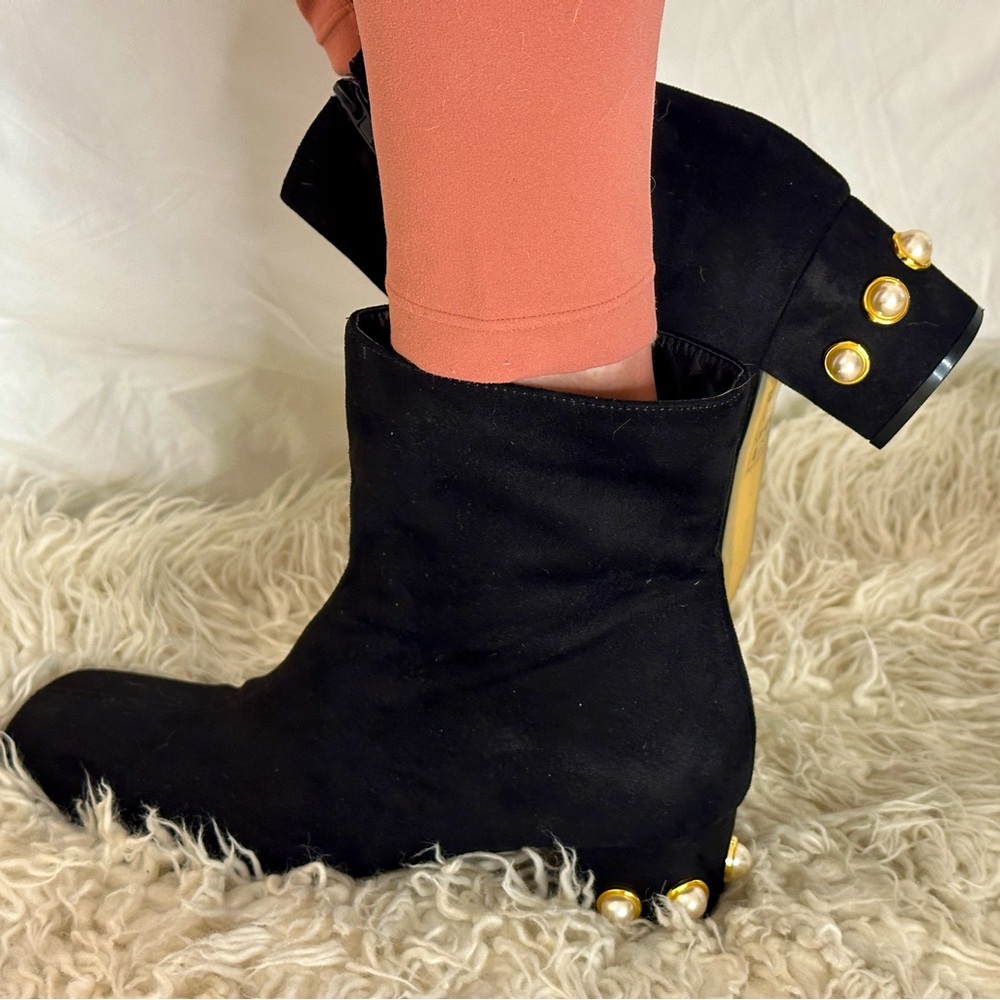 SHEIN Black Ankle Boots w/ Pearl Embellished Heel